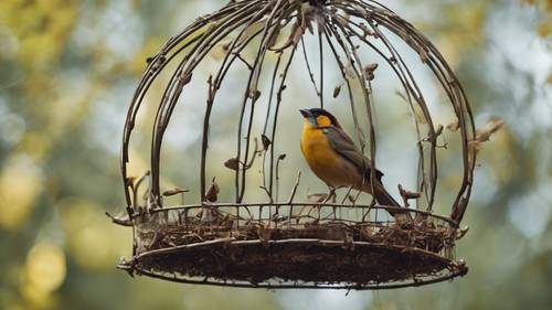 Vương miện chim biết hót của một nhà điểu học trong chuồng chim với những con chim đậu trên cành cây.