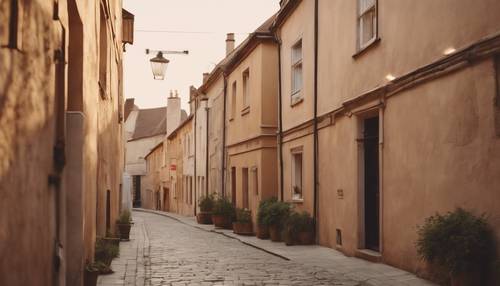 An alleyway in an old town, bathed in the soft light of a setting sun casting a light beige hue