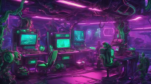 Una scena di videogioco di esplorazione delle profondità marine, illuminata da accattivanti creature bioluminescenti verdi e viola.