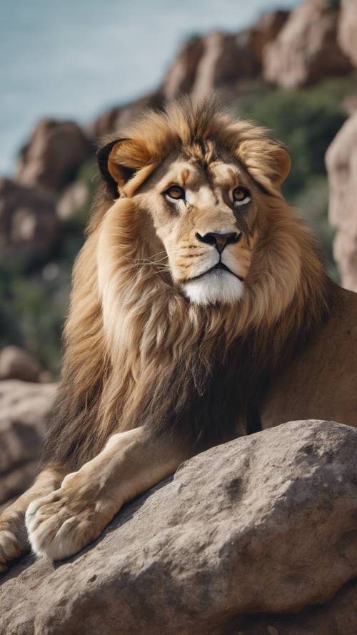 Un lion hautain, assis sur un éperon rocheux et observant son territoire en contrebas.