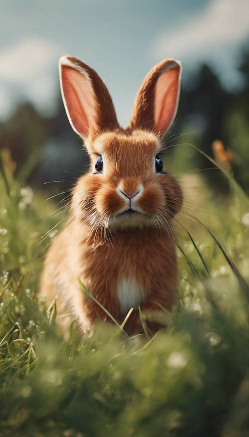 Милый рыжий кролик с белым хвостом прыгает по травянистому лугу.