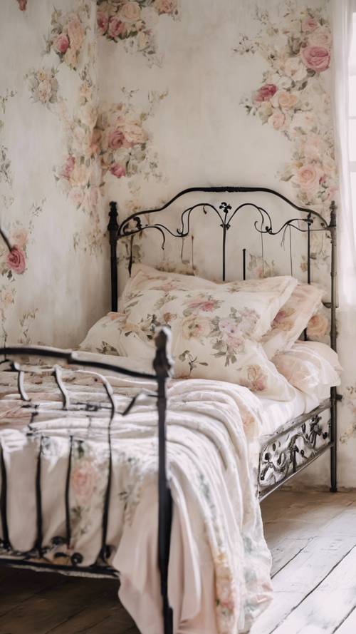 חדר שינה כפרי צרפתי הכולל מיטת ברזל מחושל ודפוסי פרחים פסטליים על קירות מסוידים.