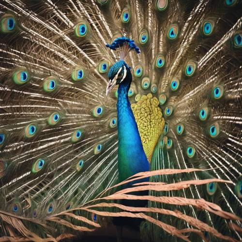 A peacock displaying its stunning tail feathers that look like colorful flowers.