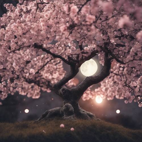 Księżyc w pełni oświetlający zaciszne drzewo kwitnącej wiśni.
