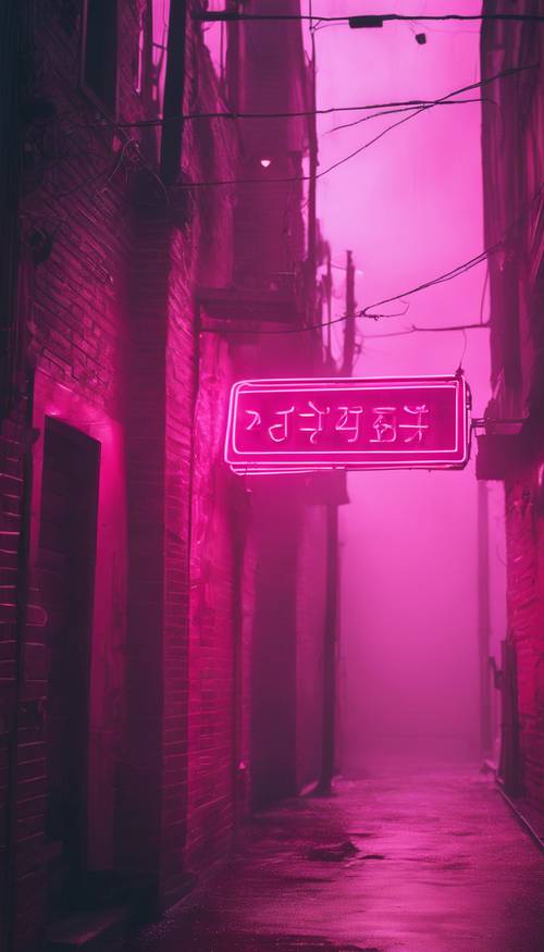 Une enseigne au néon rose vif scintille dans une ruelle brumeuse.