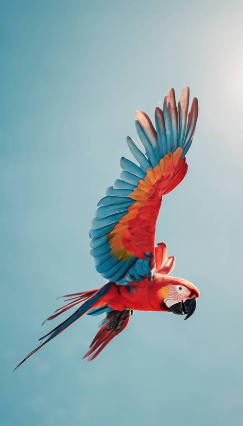 Ein pastellroter Papagei, der im wunderschönen blauen Himmel fliegt.