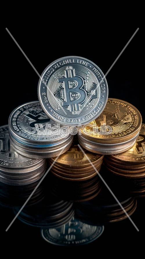 Pilha de moedas Bitcoin brilha intensamente