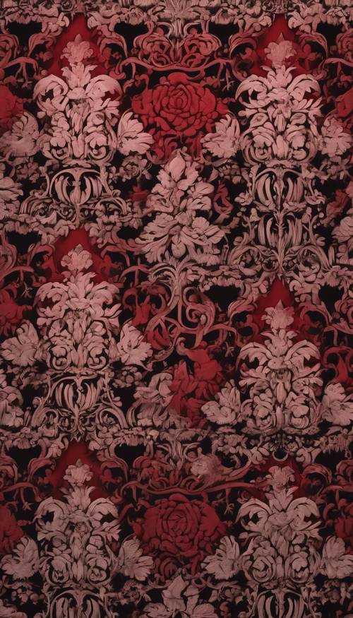 Gambar close-up mendetail dari wallpaper Gotik Damask rumit yang dicetak dalam warna merah tua dan hitam, dengan motif mawar rumit yang terjalin