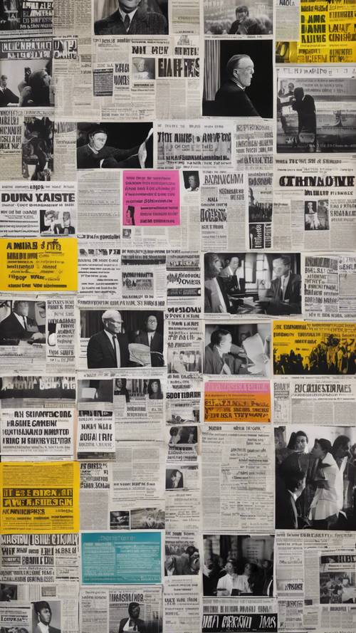 Un collage de titulares de periódicos, fotografías monocromáticas y recortes de papel coloridos que documentan la cultura cambiante de una década.