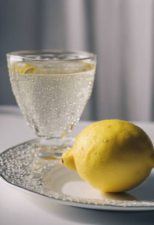 A lone dew-kissed lemon amid a fine porcelain plate.