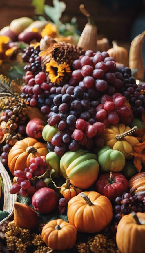 A splendid cornucopia centerpiece bursting with bountiful harvest for an abundant Thanksgiving celebration. Шпалери [b8b4a8677f2e46fd99d8]