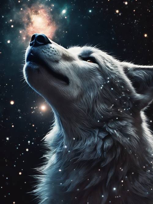 ภาพเหนือจริงของหมาป่าในจักรวาลที่ประกอบด้วยดาวระยิบระยับและเนบิวลา หอนที่ดวงจันทร์ในความมืดมิดของอวกาศ