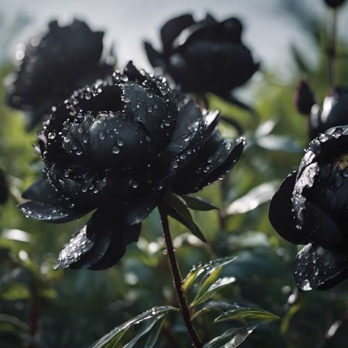 Black peonies emerging in the springtime, morning dew clinging to their newly formed petals. Tapeta [d24a9f7976b54df7a481]