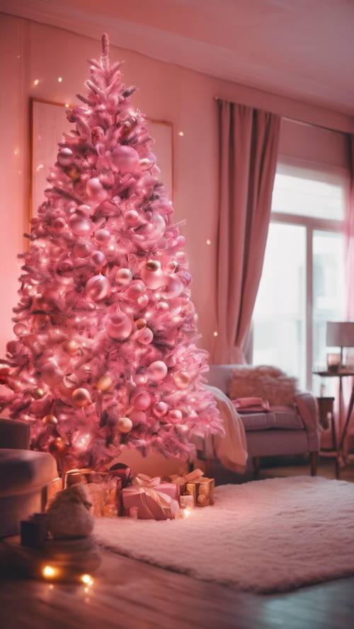 Uma aconchegante sala de estar banhada pelo brilho quente de uma árvore de Natal rosa.