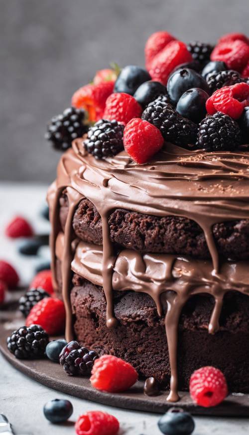 A rich chocolate cake with creamy ganache frosting, topped with fresh berries.