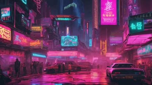Un grand marché cyberpunk animé au milieu de gratte-ciel éclairés au néon.