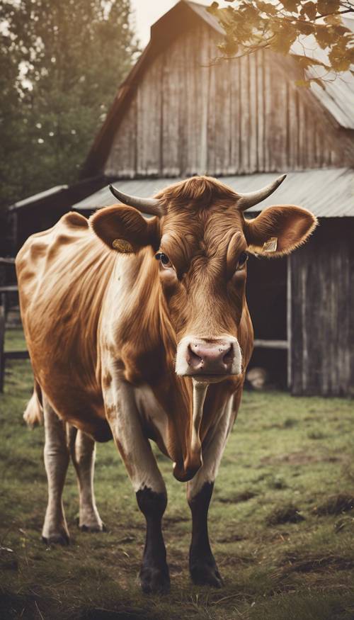 A vintage style portrait of a cow against the backdrop of a rustic wooden barn.