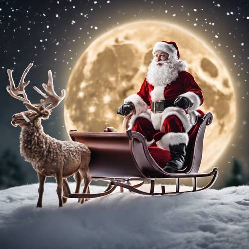 Santa Claus taking off in his reindeer-pulled sleigh against a full moon on Christmas Eve.