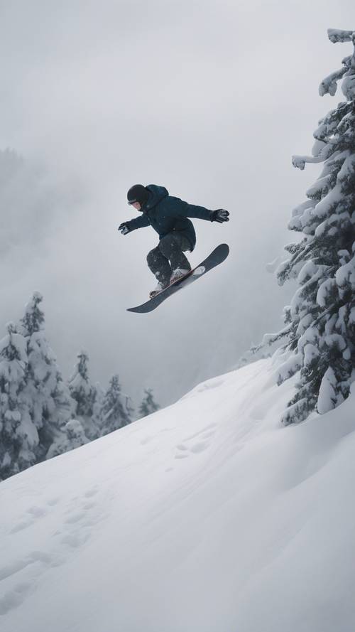 A snowboarder mysteriously disappearing into the snowy mist at the end of a steep run.