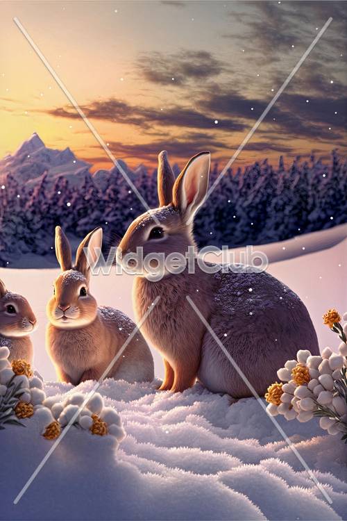 Paisagem nevada com coelhinhos fofos