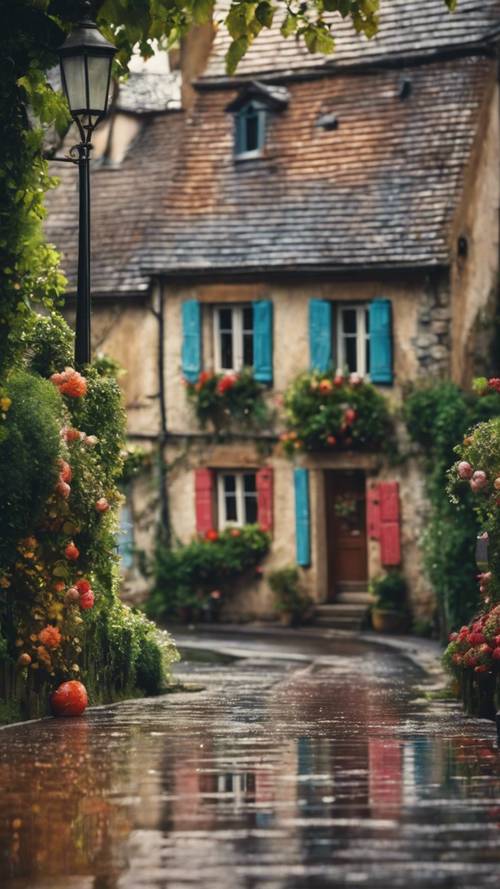 A peaceful French village street, wet after rain, with brightly-painted country cottages.
