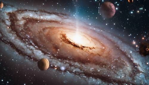 Uma galáxia distante vista através de um enorme telescópio espacial, com numerosos corpos celestes distintos.