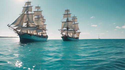 A ship setting sail on a teal blue sea under a clear September sky Ფონი [c438b93c365940c289ad]