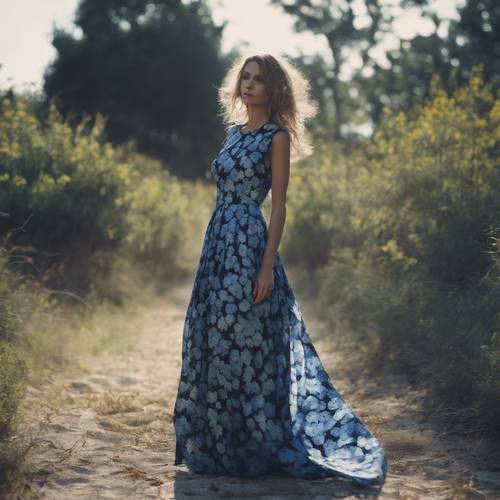 一位女子身穿带有迷人黑色和蓝色花朵图案的连衣裙。