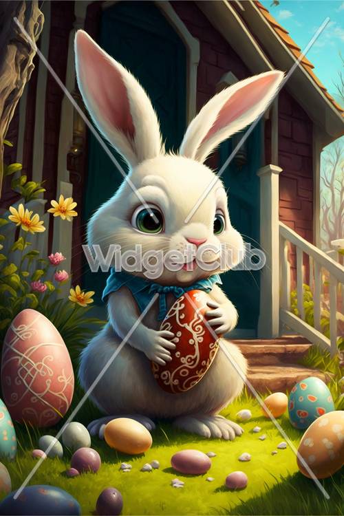 Lindo conejito de Pascua con huevos coloridos