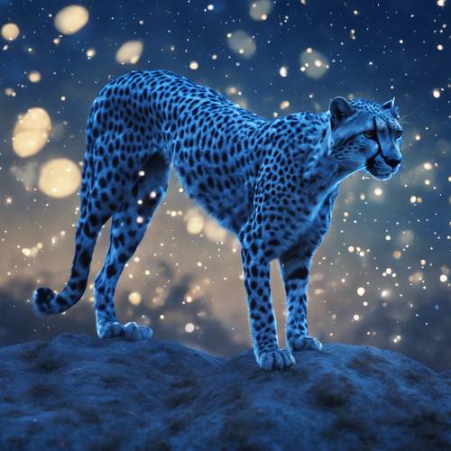 Сюрреалистическое изображение синего гепарда с крыльями, парящими высоко в ночном небе среди звезд.