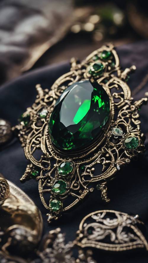 Un fascinante broche gótico negro que cuenta con una gran gema verde en el centro.