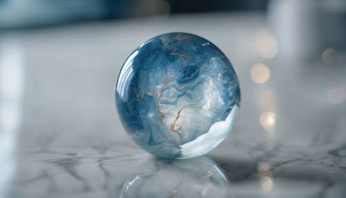 Close-up view of a single cool blue marble with translucent properties lying on a reflective glass table