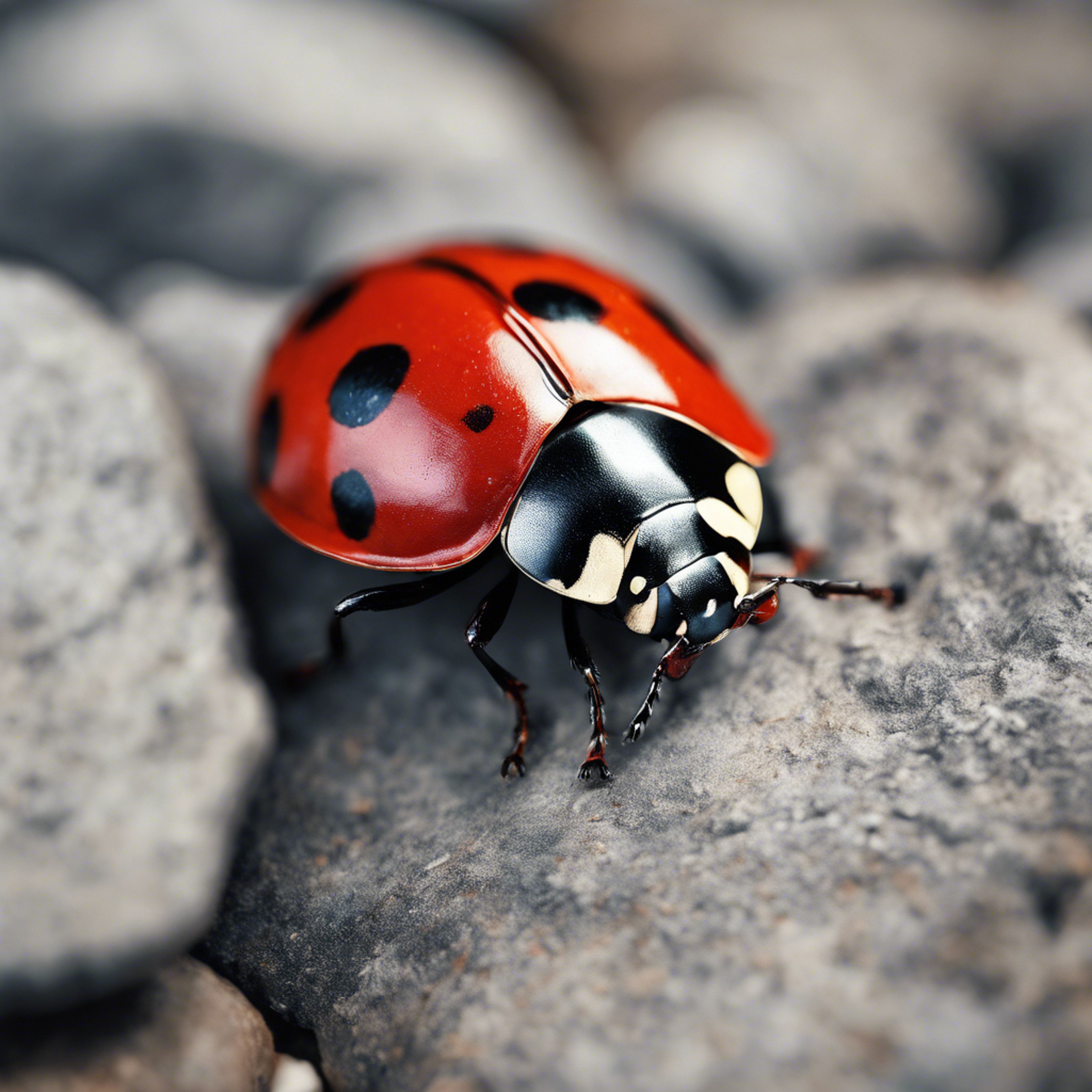 A fearless ladybug with bright red wings crawling over a dull, grey stone. 墙纸[cb02e673ce6f479eab40]