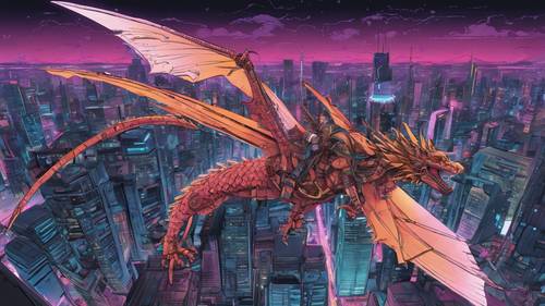 Szczegółowa ilustracja w stylu anime przedstawiająca mechanicznego cyberpunkowego smoka szybującego nad miastem.