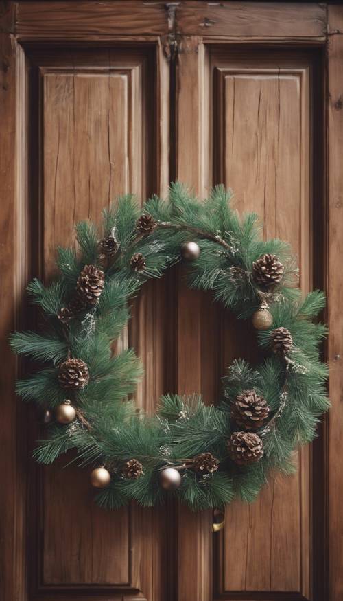 An elegant Christmas wreath made of pine branches on a rustic wooden door.