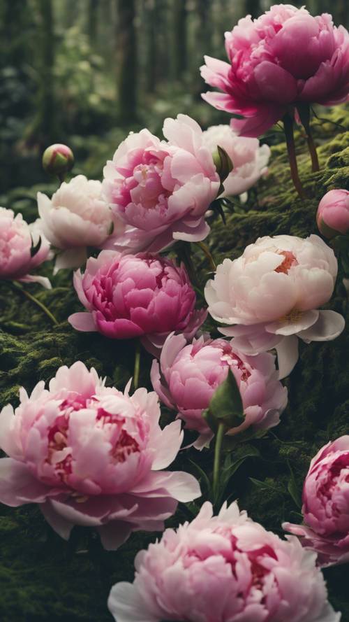 Vintage peonies in various stages of bloom, from bud to fully opened, on a mossy forest floor.