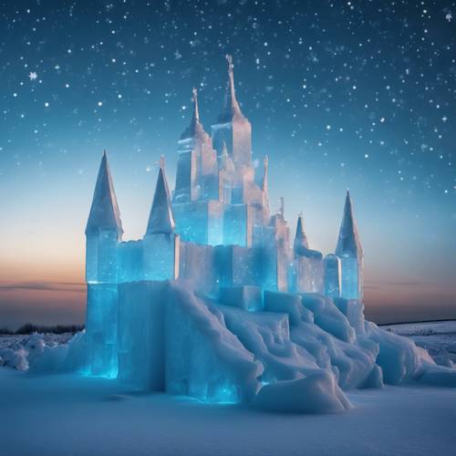 Yıldızlı bir kış gecesinde yumuşak mavi ışıkla parlayan geometrik bir buz kalesi.