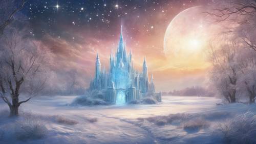 Verschneite Fantasielandschaft bei Nacht, mit einem riesigen Eispalast, der unter einem Feld aus schimmernden Sternen leuchtet.