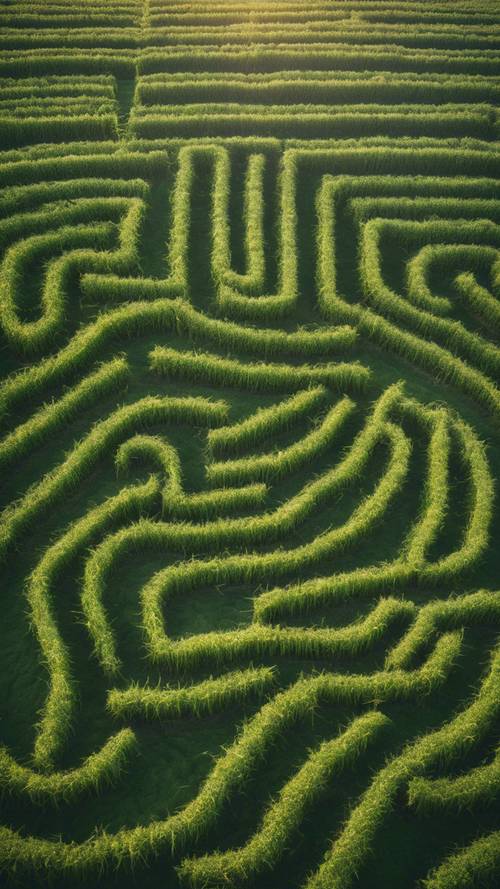 An aerial perspective of a green corn maze in the cool of the early morning light. Tapeta [dee78f778825451ca9ea]