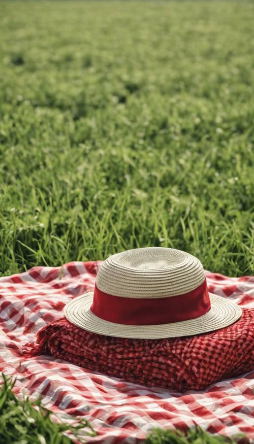 Tampilan dekat selimut piknik kotak-kotak merah dan putih di ladang hijau subur dengan topi jerami dan sebuah novel tergeletak di atasnya.