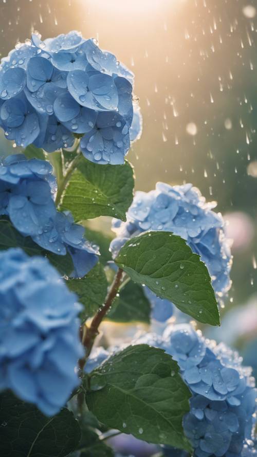 Zarte Tautropfen glitzern im Morgengrauen auf den seidigen Blütenblättern einer blauen Hortensie.