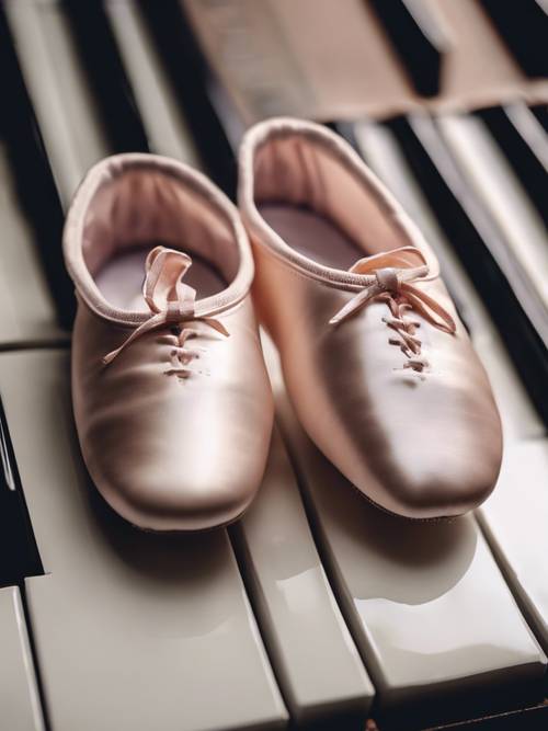 一双芭蕾舞鞋放在钢琴家的键盘上。