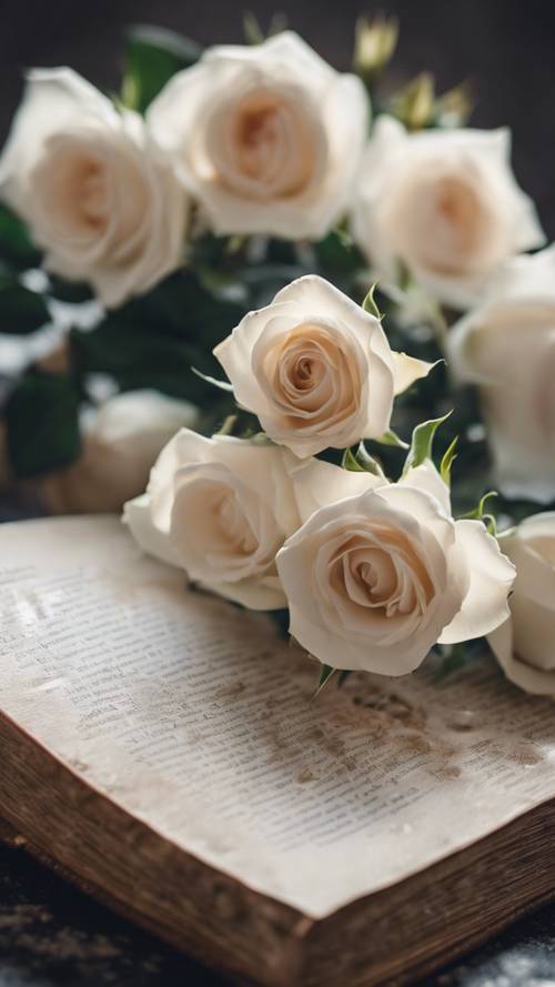 White roses scattered around a worn and beautiful leather-bound book.