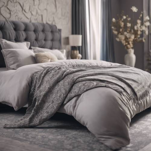 회색 다마스크 침대 제품이 있는 고요한 침실 장면입니다.