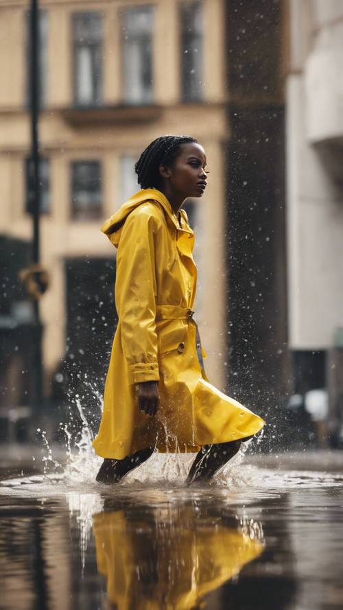 Una ragazza nera con un impermeabile giallo brillante che spruzza acqua nelle pozzanghere dopo una forte pioggia.