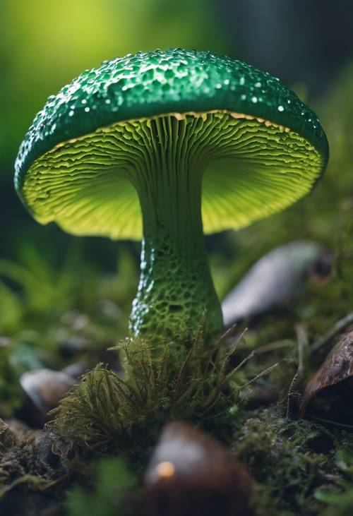 Крупным планом блестящая зеленая шляпка гриба, демонстрирующая замысловатые детали жабр.