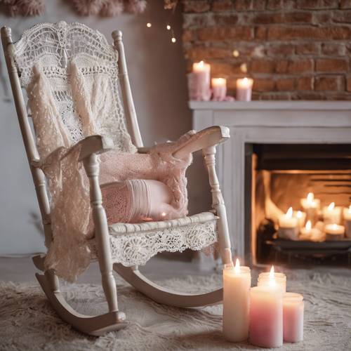 Una sedia a dondolo in legno in stile shabby chic con un cuscino all&#39;uncinetto, posizionata accanto a un camino d&#39;epoca decorato con candele color pastello. Sfondo [a8ad26dc3951459db8a7]