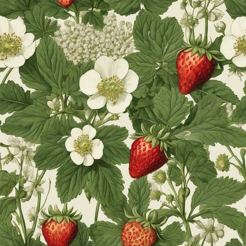 维多利亚风格的植物版画，展示盛开的草莓植株
