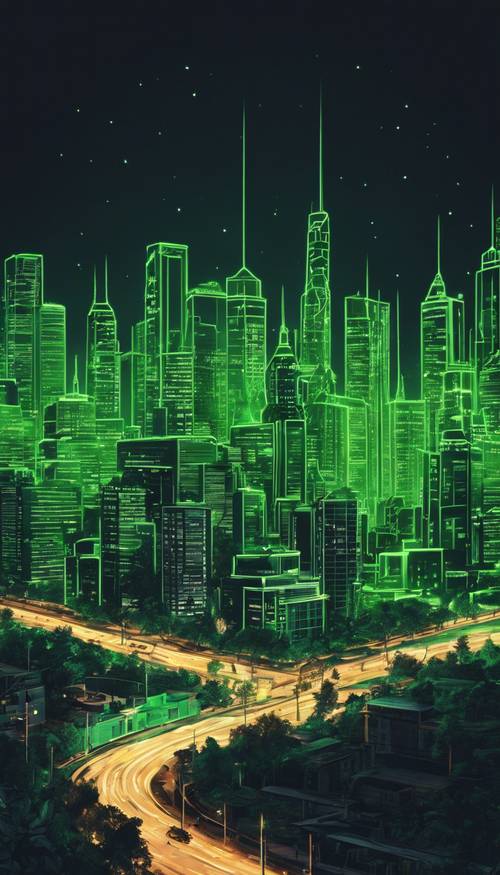 Un disegno digitale dello skyline di una città verde neon di notte.