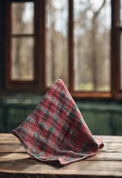 Un mouchoir avec un joli motif à carreaux rouges et verts, posé sur une vieille table en bois